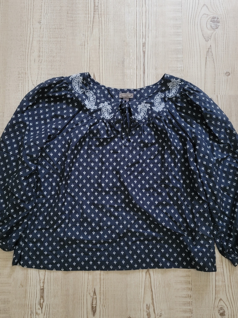 Point Sur Embroidered Cotton Silk Blend Navy Peasant Blouse with Tie Neck Medium